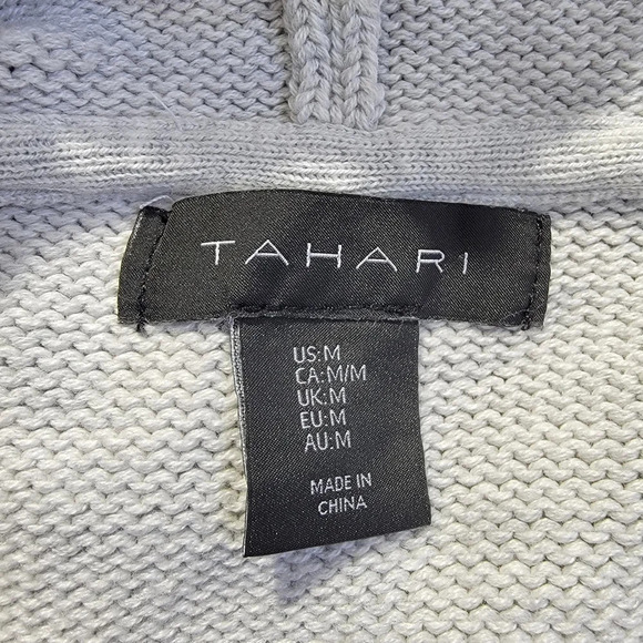 Tahari Chunky Knit Heavy Open Cardigan Hooded Gray Black Cream Colorblock Size M - Picture 6 of 8